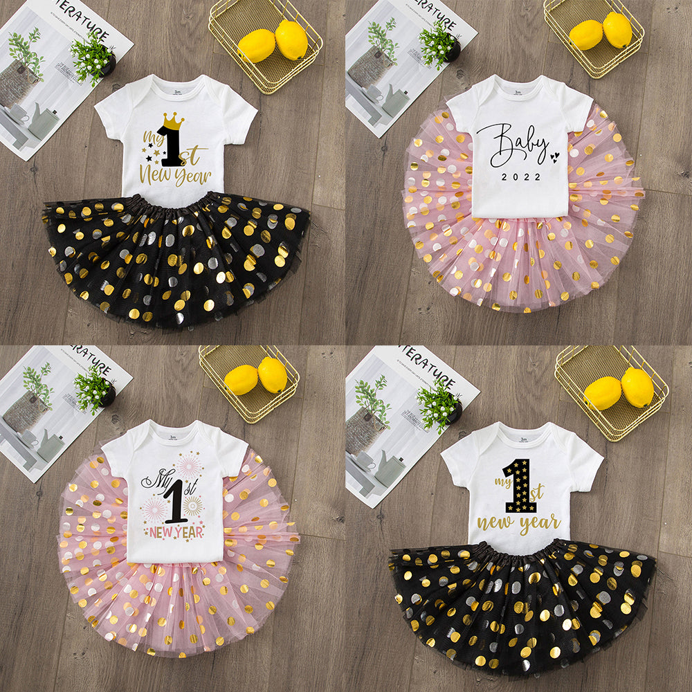 My First New Year Newborn Girl Cake Dresses Short Sleeve Romper Fashion Bodysuit Baby Girl Outfit Clothes New Year Holiday Gift