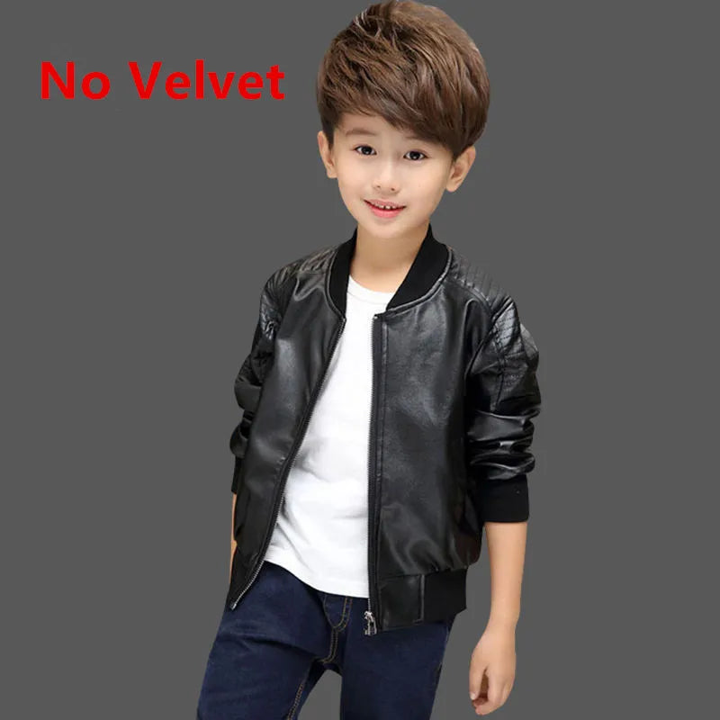 Boys Coats Autumn Winter Fashion Children's Plus Velvet / No Velvet Two styles Warming Cotton PU Leather Jacket For 1-11Y Kids