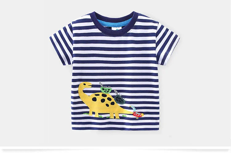 2025 Summer 2 3 4 5 6 8 10 Years Children'S Clothing Dinosaur Car Striped Tees All Match Basic Tops Cartoon T-Shirt For Kids Boy