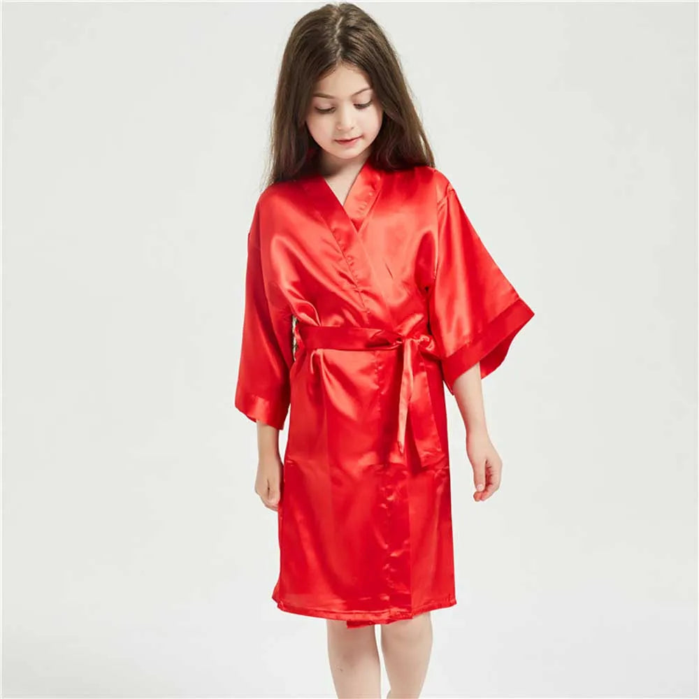 3-13Y Fashion Night Robe Satin Silk Bathrobe Teenage Girls Robe Baby Kid Kimono Bath Towel Robes Summer Nightgown Girl Sleepwear