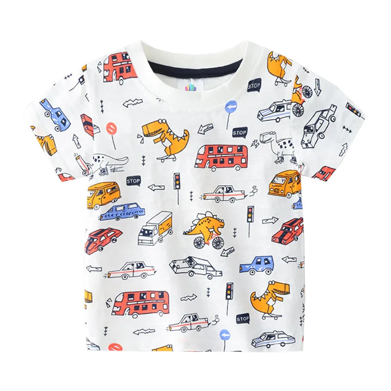 2025 Summer 2 3 4 5 6 8 10 Years Children'S Clothing Dinosaur Car Striped Tees All Match Basic Tops Cartoon T-Shirt For Kids Boy