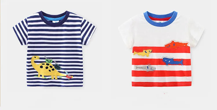 2025 Summer 2 3 4 5 6 8 10 Years Children'S Clothing Dinosaur Car Striped Tees All Match Basic Tops Cartoon T-Shirt For Kids Boy