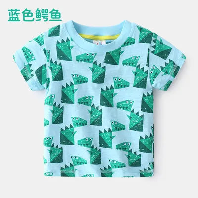 2025 Summer 2 3 4 5 6 8 10 Years Children'S Clothing Dinosaur Car Striped Tees All Match Basic Tops Cartoon T-Shirt For Kids Boy