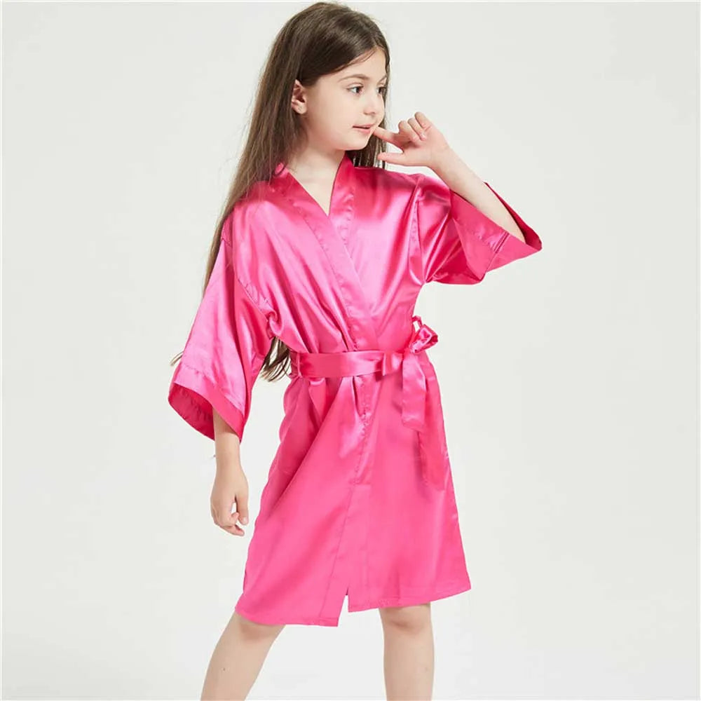 3-13Y Fashion Night Robe Satin Silk Bathrobe Teenage Girls Robe Baby Kid Kimono Bath Towel Robes Summer Nightgown Girl Sleepwear