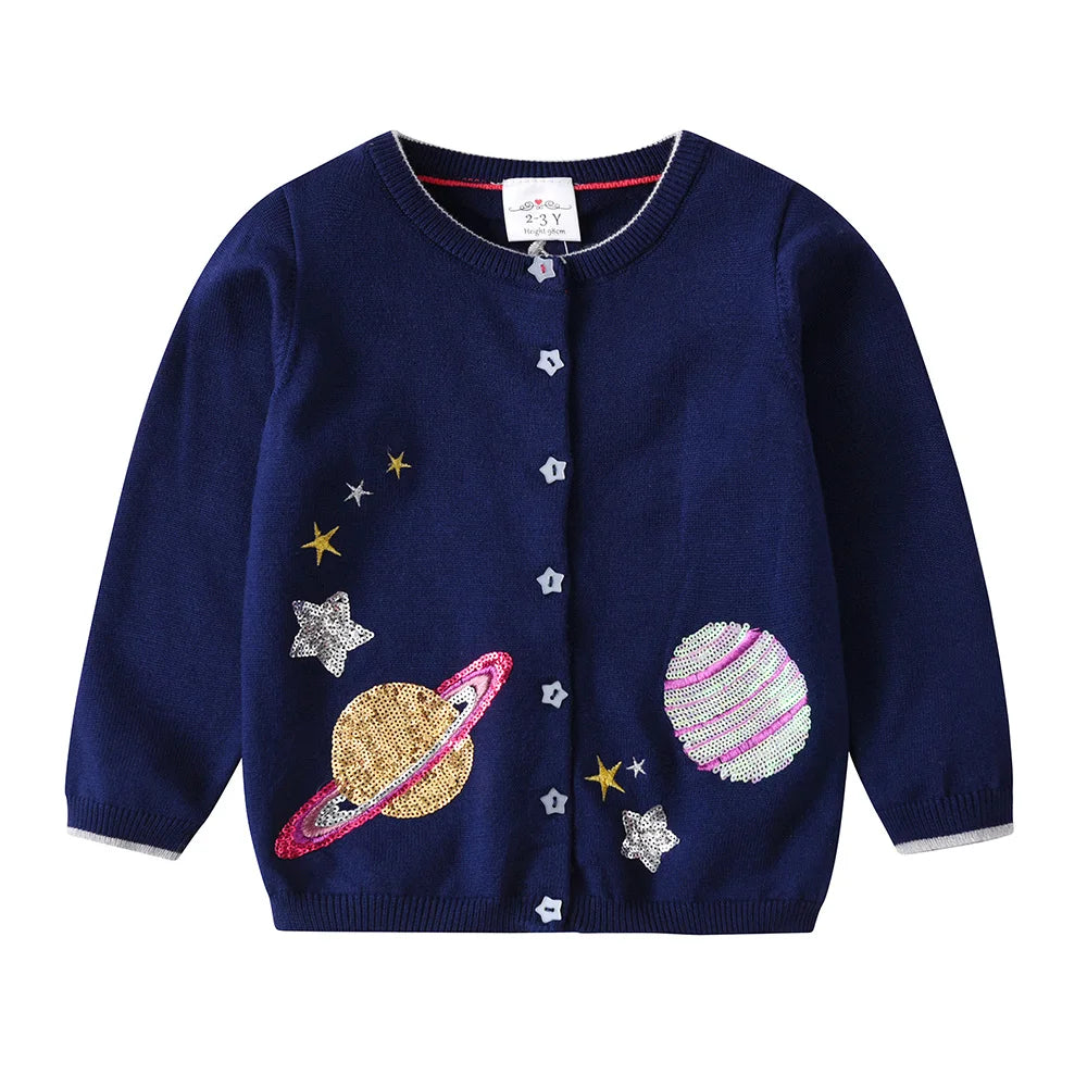 VIKITA Toddlers Navy Blue Gardigan with Sequined Planet Star Appliqued Kids Autumn Spring Fashion Casual Outfits Sweaters 3 Yrs
