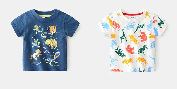 2025 Summer 2 3 4 5 6 8 10 Years Children'S Clothing Dinosaur Car Striped Tees All Match Basic Tops Cartoon T-Shirt For Kids Boy