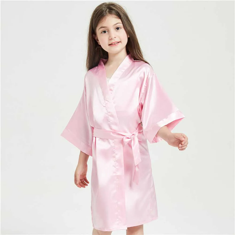 3-13Y Fashion Night Robe Satin Silk Bathrobe Teenage Girls Robe Baby Kid Kimono Bath Towel Robes Summer Nightgown Girl Sleepwear