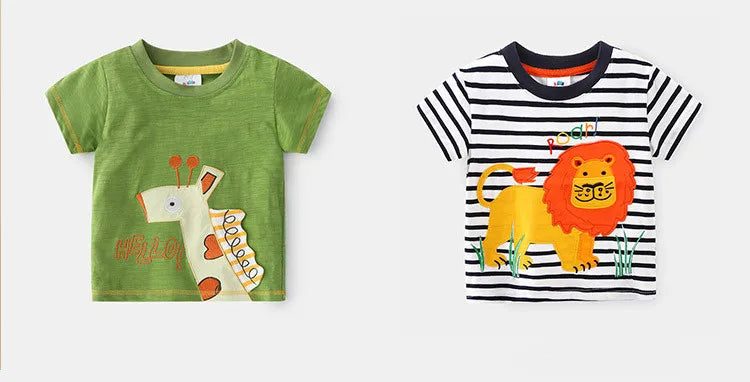 2025 Summer 2 3 4 5 6 8 10 Years Children'S Clothing Dinosaur Car Striped Tees All Match Basic Tops Cartoon T-Shirt For Kids Boy