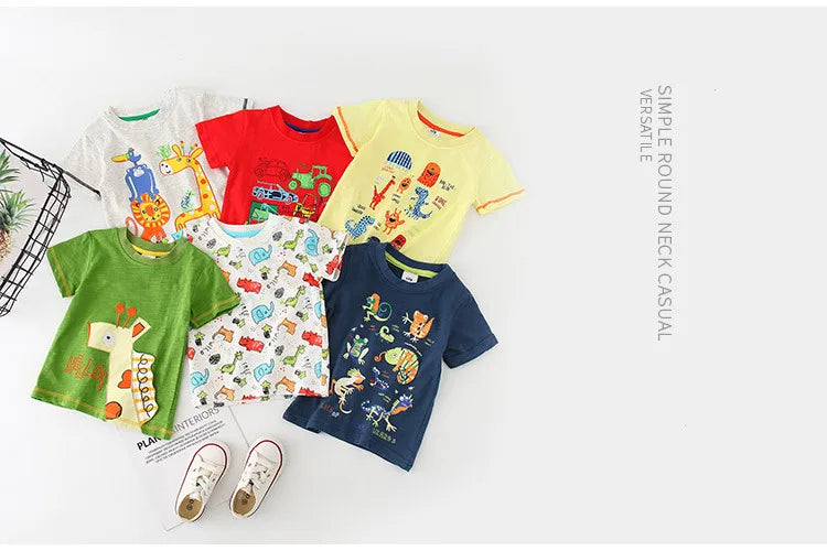 2025 Summer 2 3 4 5 6 8 10 Years Children'S Clothing Dinosaur Car Striped Tees All Match Basic Tops Cartoon T-Shirt For Kids Boy