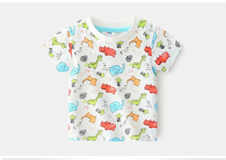 2025 Summer 2 3 4 5 6 8 10 Years Children'S Clothing Dinosaur Car Striped Tees All Match Basic Tops Cartoon T-Shirt For Kids Boy