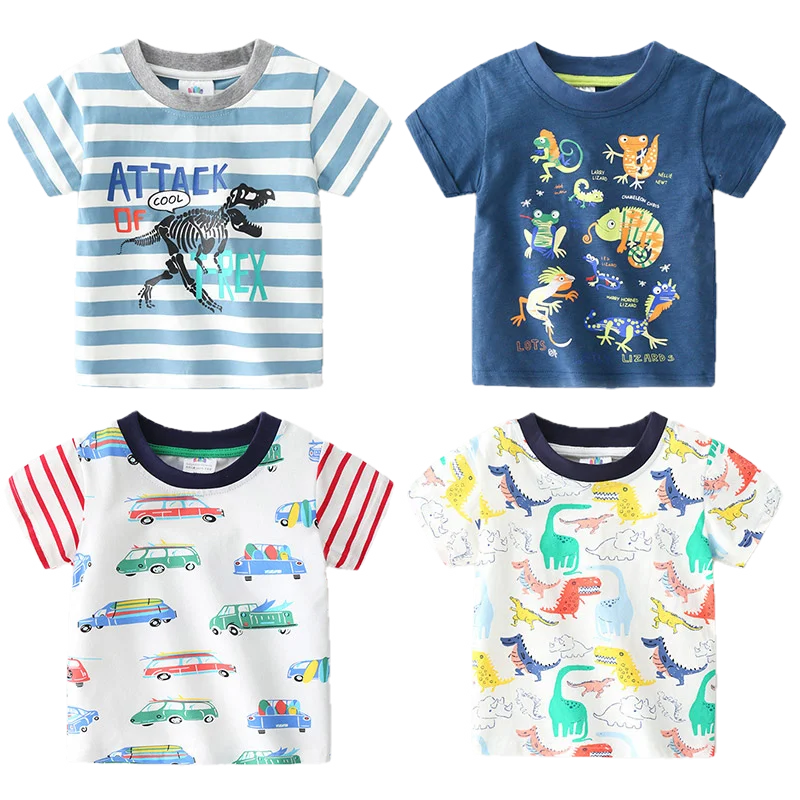 2025 Summer 2 3 4 5 6 8 10 Years Children'S Clothing Dinosaur Car Striped Tees All Match Basic Tops Cartoon T-Shirt For Kids Boy