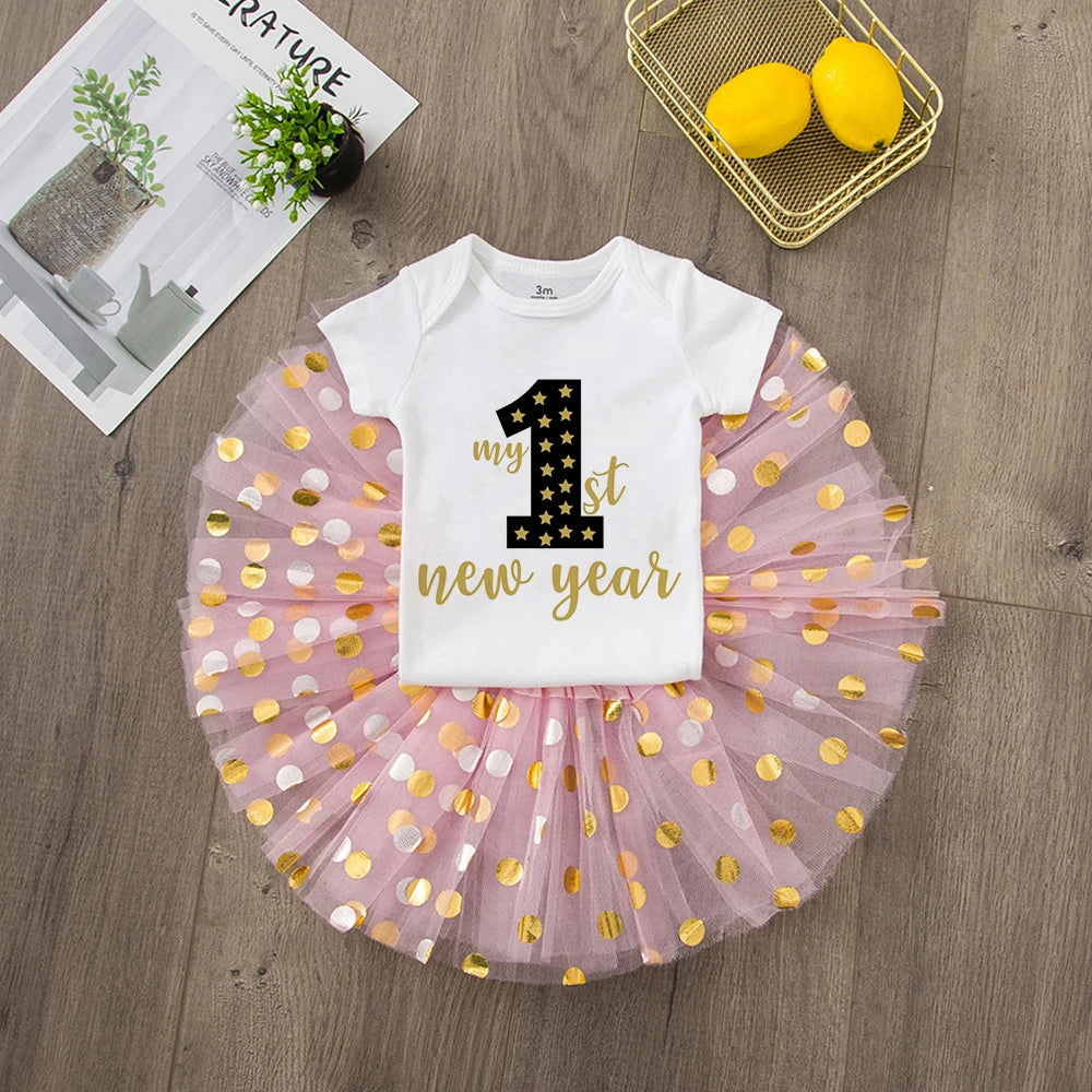 My First New Year Newborn Girl Cake Dresses Short Sleeve Romper Fashion Bodysuit Baby Girl Outfit Clothes New Year Holiday Gift