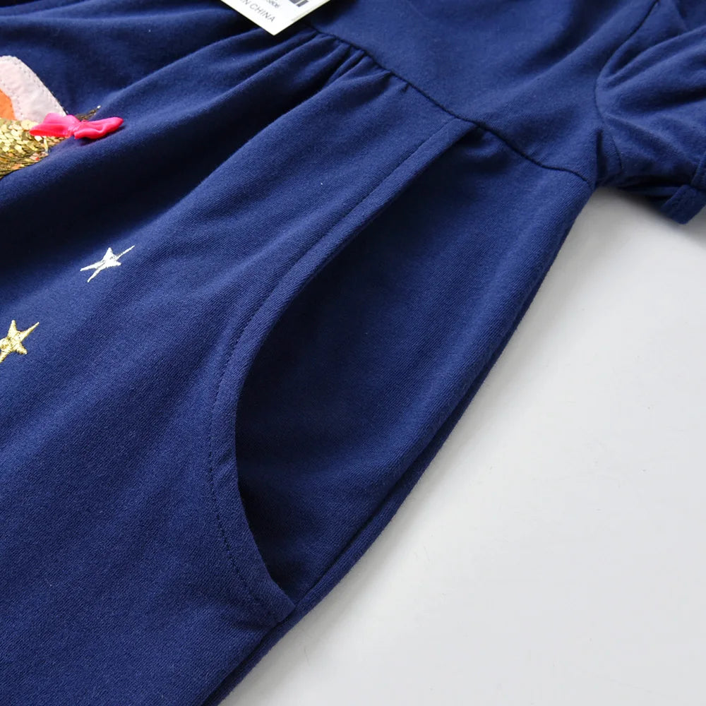 VIKITA Children Rainbow Striped Dress Girls Sequined Unicorn Dresses Kids Autumn Dress with Pockets Girl Cotton Vestidos 3-12Yrs