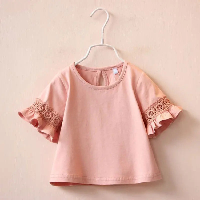2-6 Year Baby Girl T-shirt Summer Round Neck Lace Trumpet Sleeve Kid Cotton Short Sleeve T-shirt Girl Solid Color Children Tops