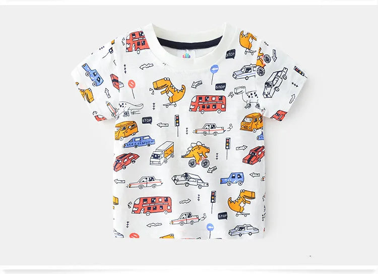 2025 Summer 2 3 4 5 6 8 10 Years Children'S Clothing Dinosaur Car Striped Tees All Match Basic Tops Cartoon T-Shirt For Kids Boy