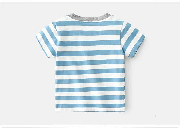 2025 Summer 2 3 4 5 6 8 10 Years Children'S Clothing Dinosaur Car Striped Tees All Match Basic Tops Cartoon T-Shirt For Kids Boy