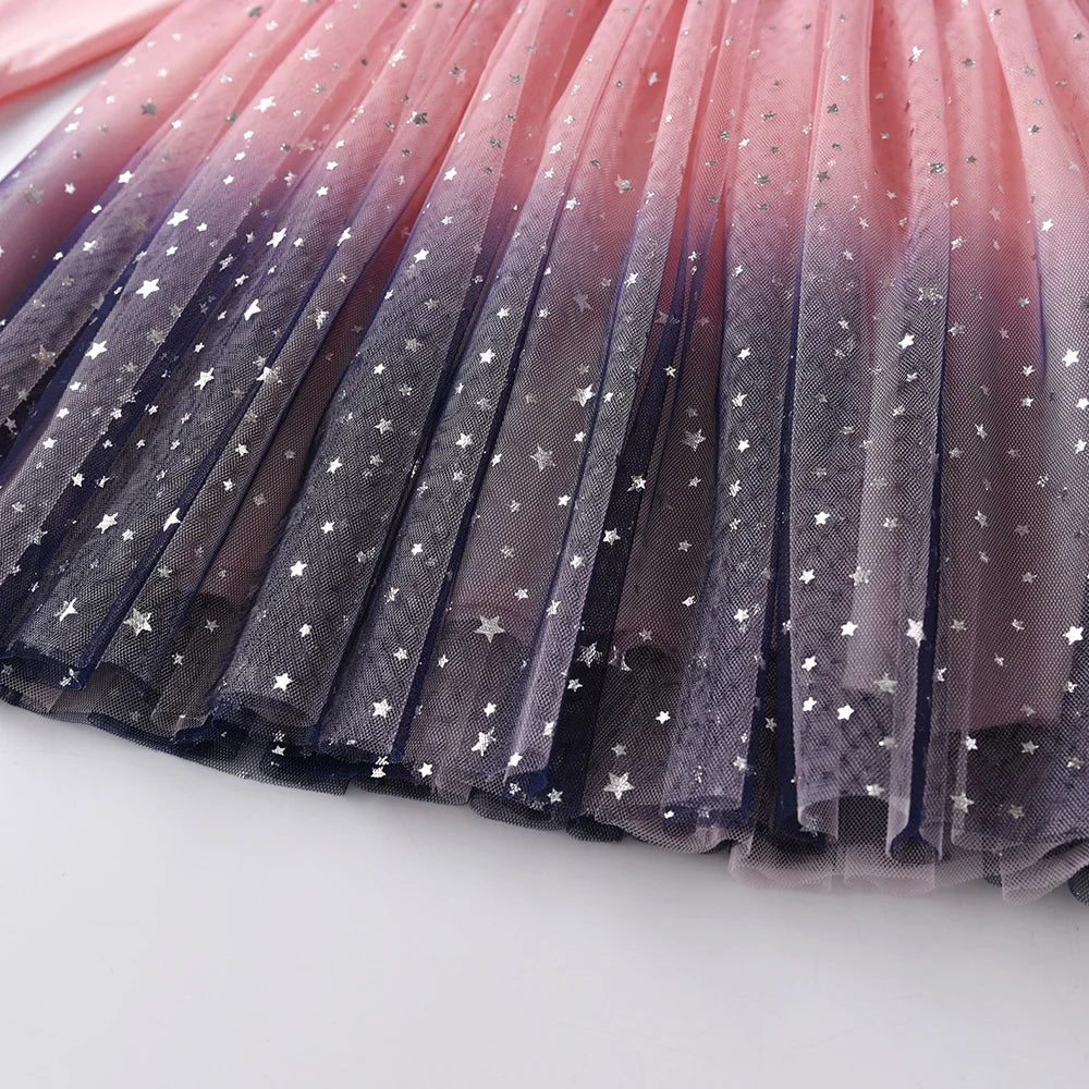 VIKITA Girl Autumn Winter Dress Kids Gradient Long Sleeve Princess Mesh Tulle Dress Kids Unicorn Rabbit Cartoon Elegant Dresses