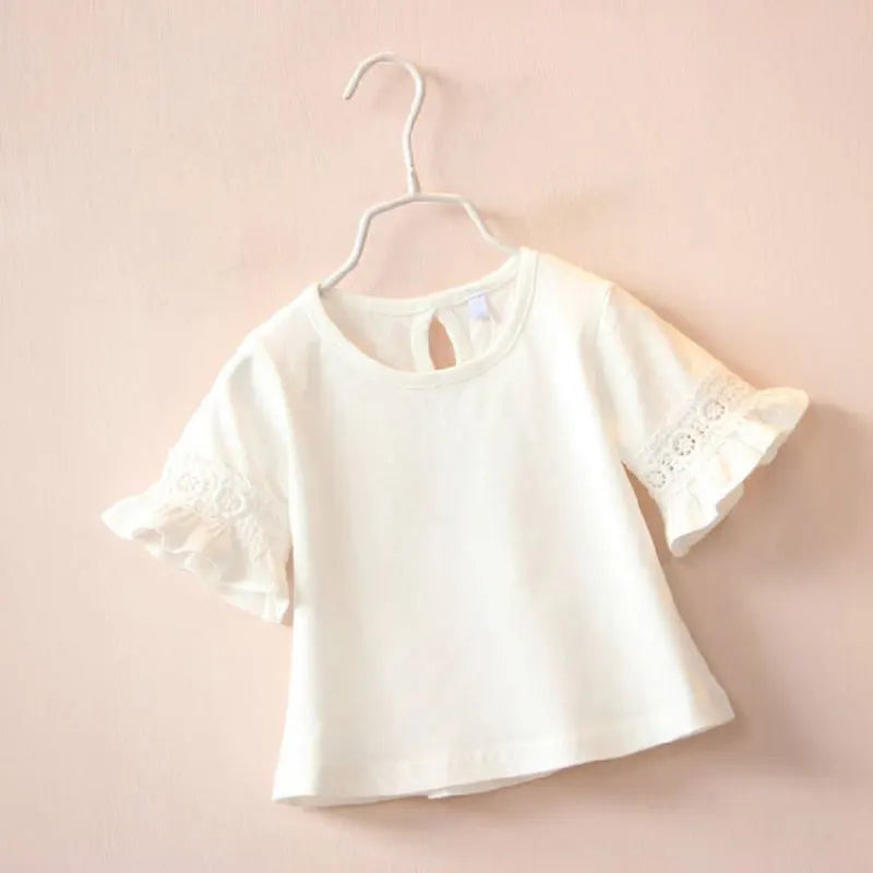 2-6 Year Baby Girl T-shirt Summer Round Neck Lace Trumpet Sleeve Kid Cotton Short Sleeve T-shirt Girl Solid Color Children Tops