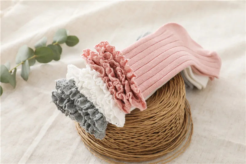 Ruffle Kids Knee High Socks Baby Girls Toddlers Long Soft Cotton Sock Lace Flower Children School Uniform Socks For 0-8Years