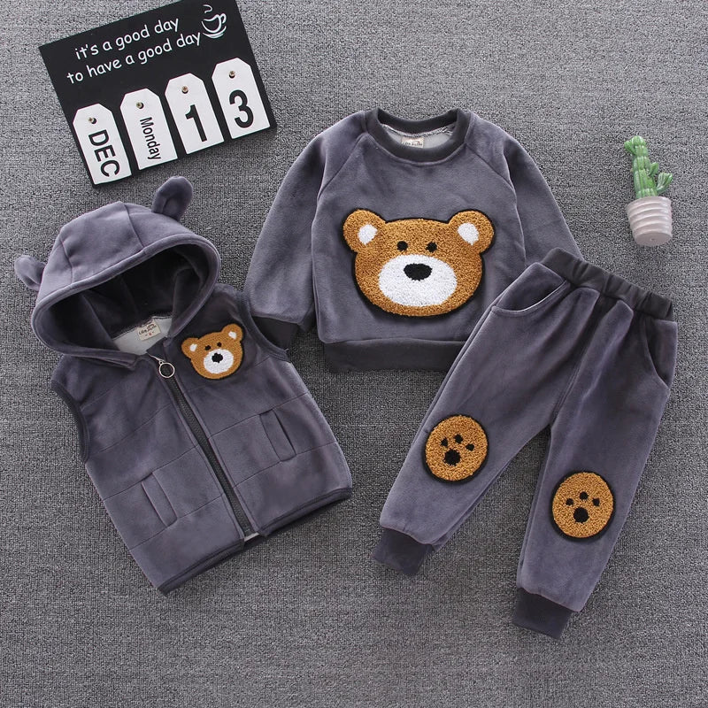 New Winter Baby Girls Clothes Suit Children Boys Thicken Warm Hooded Vest T-Shirt Pants 3Pcs/Set Toddler Costume Kids Tracksuits