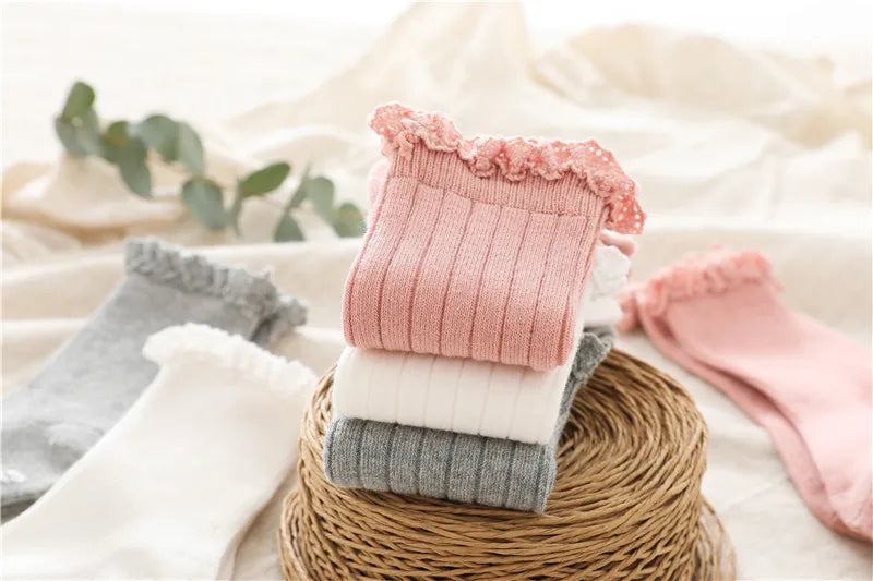 Ruffle Kids Knee High Socks Baby Girls Toddlers Long Soft Cotton Sock Lace Flower Children School Uniform Socks For 0-8Years
