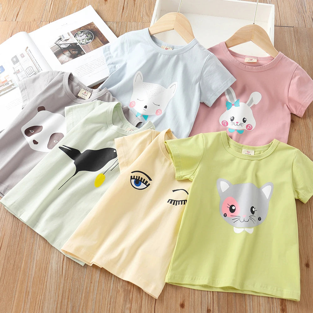 2025 Summer 2 3 4 6 8 10 Years Children Cotton Cartoon Star Bird Cat Rabbit Animal Print Short-Sleeve T-Shirt For Kids Baby Girl