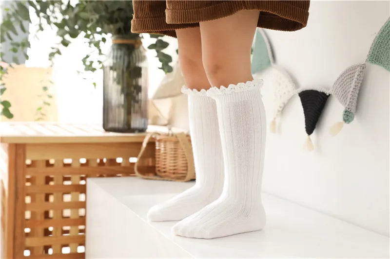 Ruffle Kids Knee High Socks Baby Girls Toddlers Long Soft Cotton Sock Lace Flower Children School Uniform Socks For 0-8Years