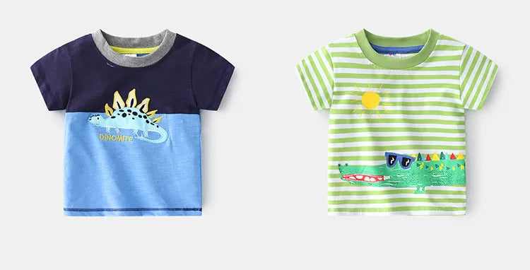 2025 Summer 2 3 4 5 6 8 10 Years Children'S Clothing Dinosaur Car Striped Tees All Match Basic Tops Cartoon T-Shirt For Kids Boy