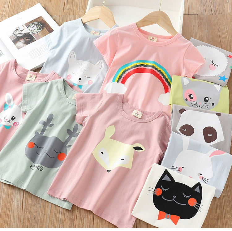 2025 Summer 2 3 4 6 8 10 Years Children Cotton Cartoon Star Bird Cat Rabbit Animal Print Short-Sleeve T-Shirt For Kids Baby Girl