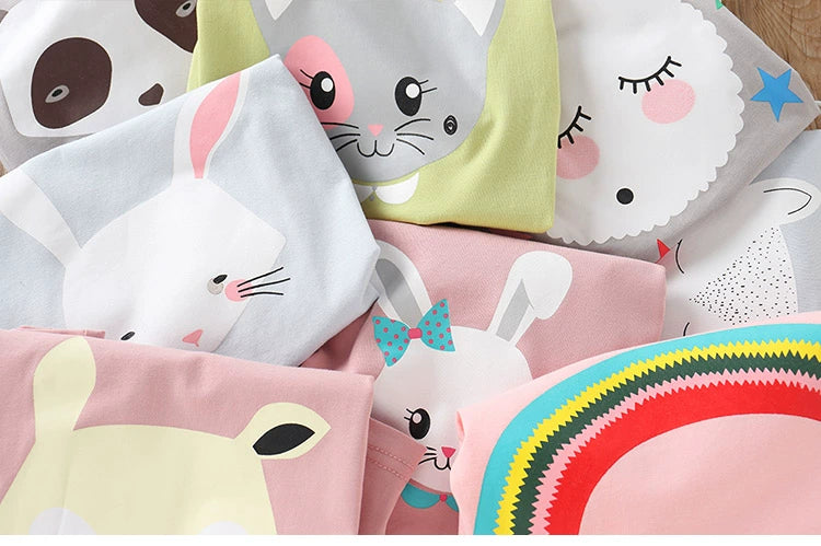 2025 Summer 2 3 4 6 8 10 Years Children Cotton Cartoon Star Bird Cat Rabbit Animal Print Short-Sleeve T-Shirt For Kids Baby Girl