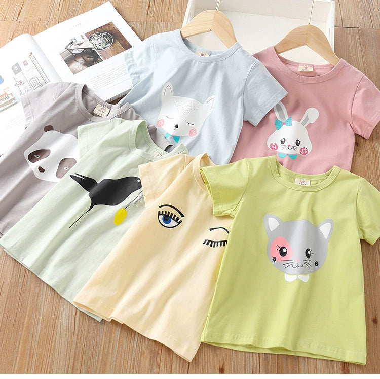 2025 Summer 2 3 4 6 8 10 Years Children Cotton Cartoon Star Bird Cat Rabbit Animal Print Short-Sleeve T-Shirt For Kids Baby Girl