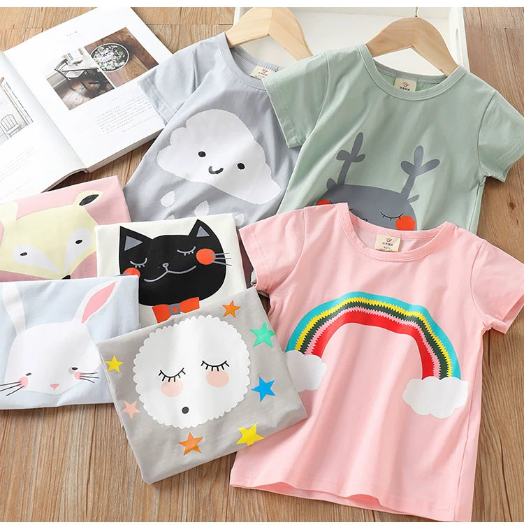 2025 Summer 2 3 4 6 8 10 Years Children Cotton Cartoon Star Bird Cat Rabbit Animal Print Short-Sleeve T-Shirt For Kids Baby Girl