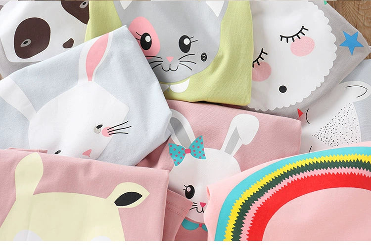 2025 Summer 2 3 4 6 8 10 Years Children Cotton Cartoon Star Bird Cat Rabbit Animal Print Short-Sleeve T-Shirt For Kids Baby Girl