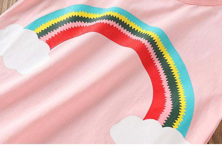 2025 Summer 2 3 4 6 8 10 Years Children Cotton Cartoon Star Bird Cat Rabbit Animal Print Short-Sleeve T-Shirt For Kids Baby Girl