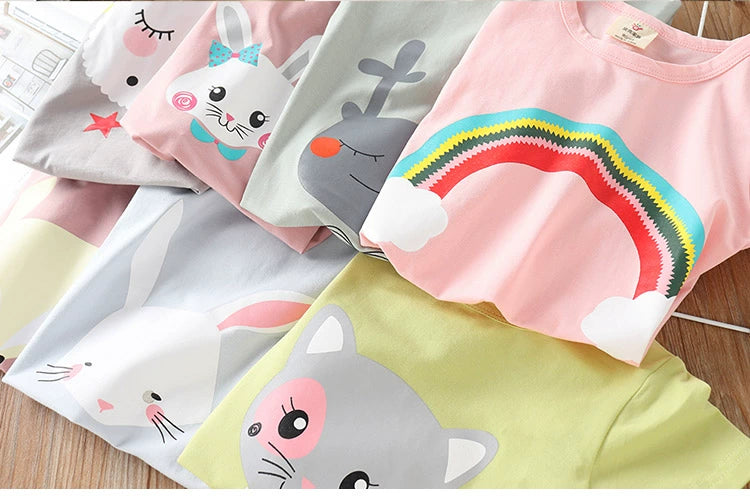 2025 Summer 2 3 4 6 8 10 Years Children Cotton Cartoon Star Bird Cat Rabbit Animal Print Short-Sleeve T-Shirt For Kids Baby Girl