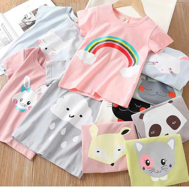 2025 Summer 2 3 4 6 8 10 Years Children Cotton Cartoon Star Bird Cat Rabbit Animal Print Short-Sleeve T-Shirt For Kids Baby Girl