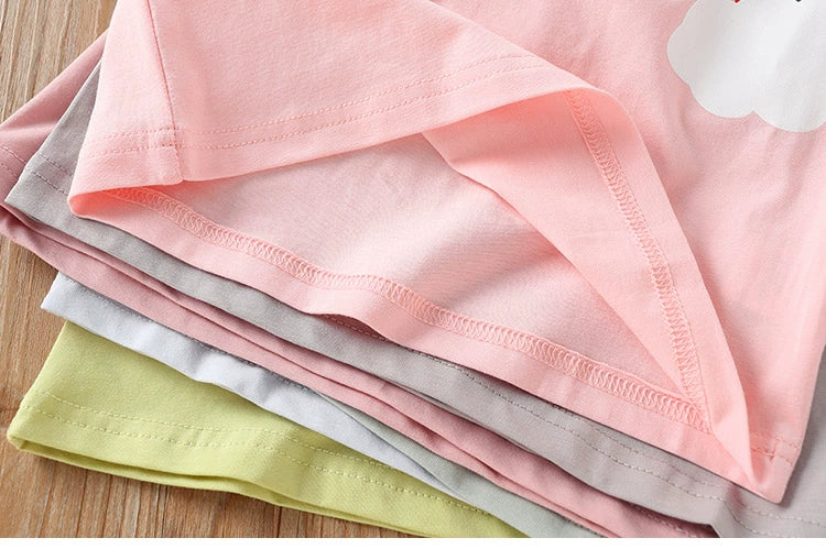 2025 Summer 2 3 4 6 8 10 Years Children Cotton Cartoon Star Bird Cat Rabbit Animal Print Short-Sleeve T-Shirt For Kids Baby Girl