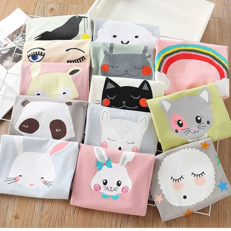 2025 Summer 2 3 4 6 8 10 Years Children Cotton Cartoon Star Bird Cat Rabbit Animal Print Short-Sleeve T-Shirt For Kids Baby Girl