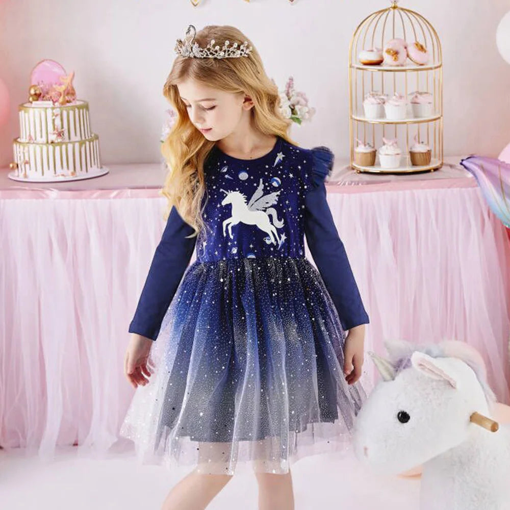 Girls Navy Blue Starry Glitter Elegant Tutu Dress Toddlers Kids Silver Unicorn Ruffled Shoulders Fantasy Party Princess Vestidos