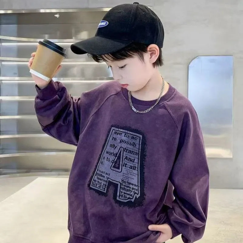 Boys' Medium-Large Spring Stylish Street-Style Letter Print Long Sleeve No Hood Sweatshirt
