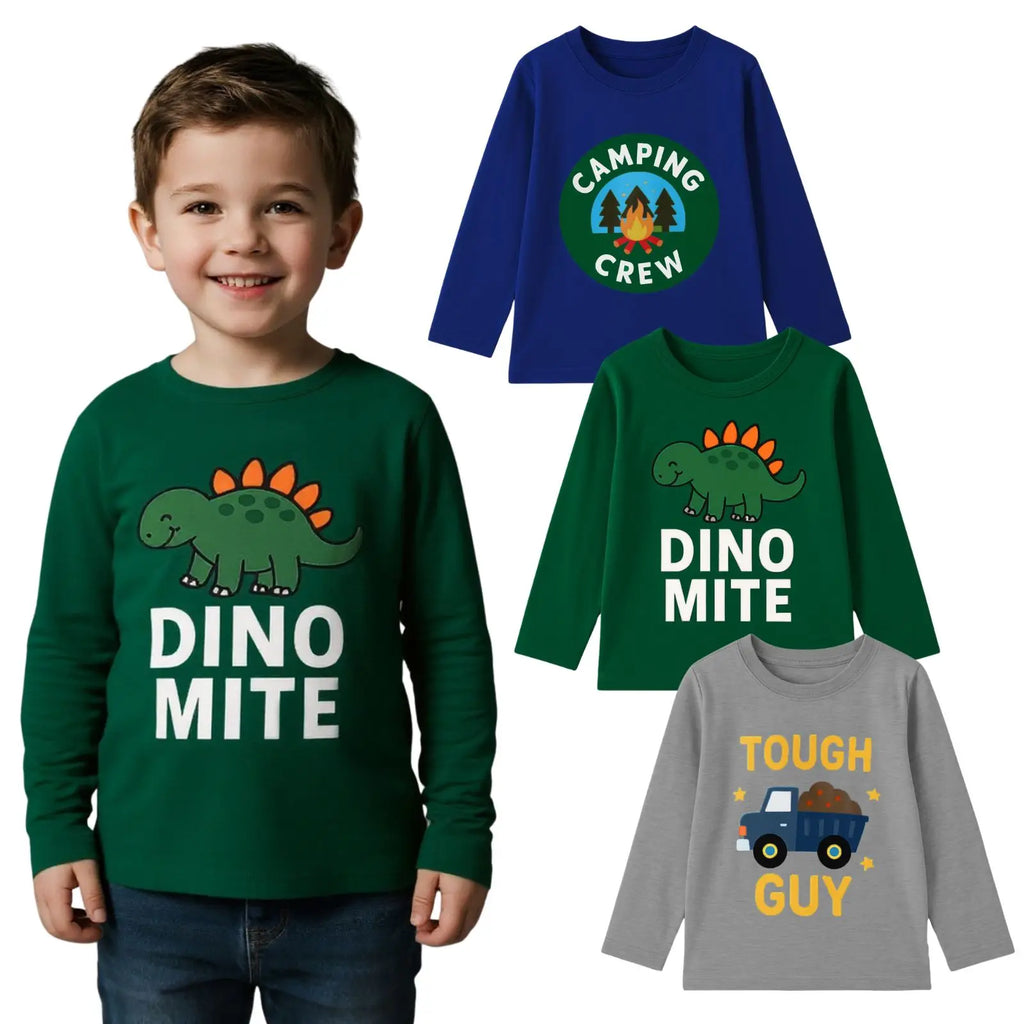 3-piece set of boys' long sleeved T-shirt with pure cotton round neck cartoon pattern for outdoor leisure autumn and winter