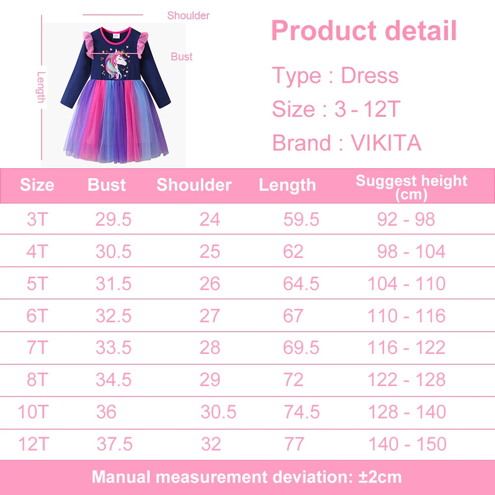 VIKITA 2025 New Kids Party Princess Dress Girls Unicorn Heart Shape Long Sleeve Spring Autumn Colorful Dress Toddlers Tops Wear