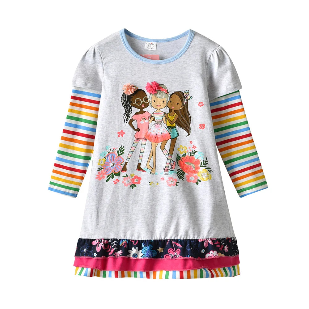 VIKITA Kinder Baumwoll-Freizeitkostüme Kleinkinder Herbst Frühling Minikleid Kinder Blumen Puppenmuster Regenbogen Prinzessin Alltagskleidung