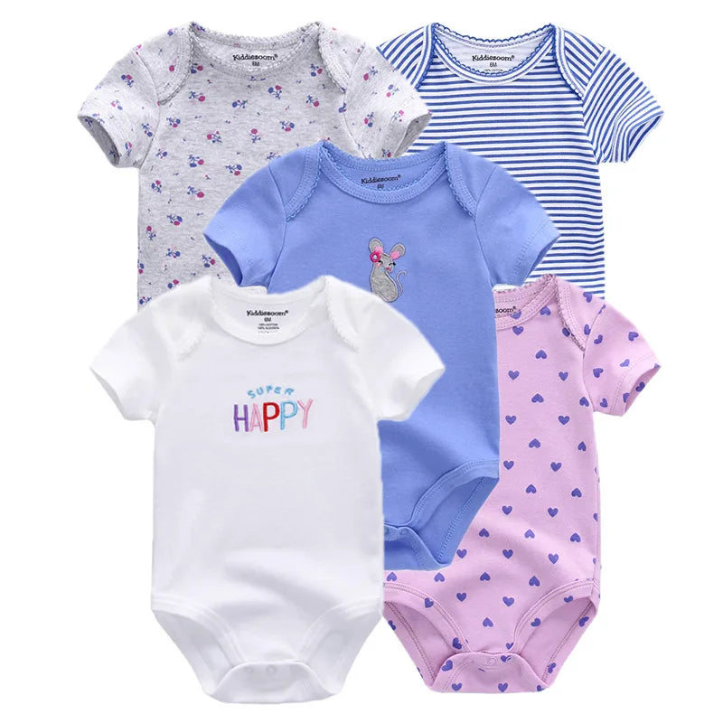 Kiddiezoom 5 Piece Summer Fashion Cartoon Boys and Girls Bodysuits 100% Cotton Soft Newborn Bodysuit Set Gift