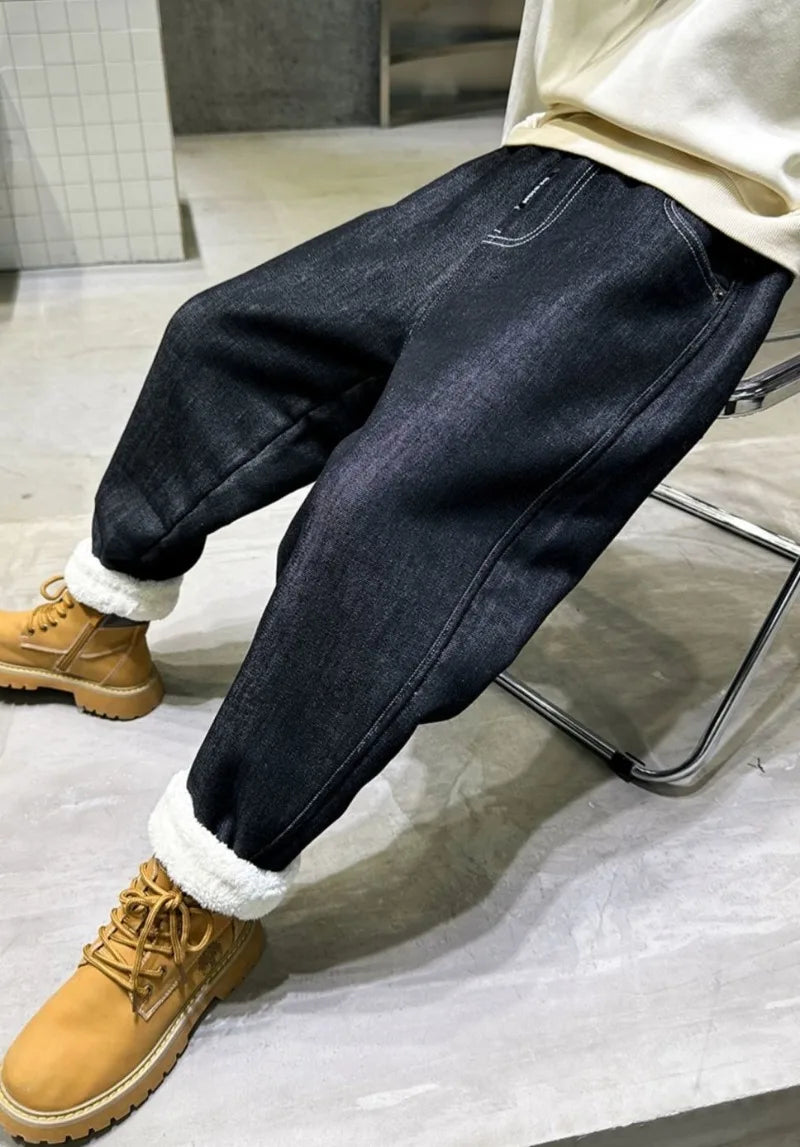 Boys Fleece-Lined Jeans Thermal Winter Pants Thickened Full-Body Cashmere Long Pants for Toddler Boys Outdoor Winter Clothing