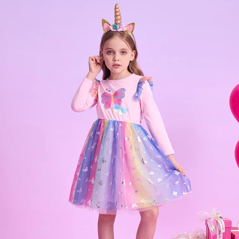 VIKITA Kids Butterfly Flower Print Flare Sleeve Dress Girls Colorful Party Vacation Performance Princess Dress for Kids Clothing