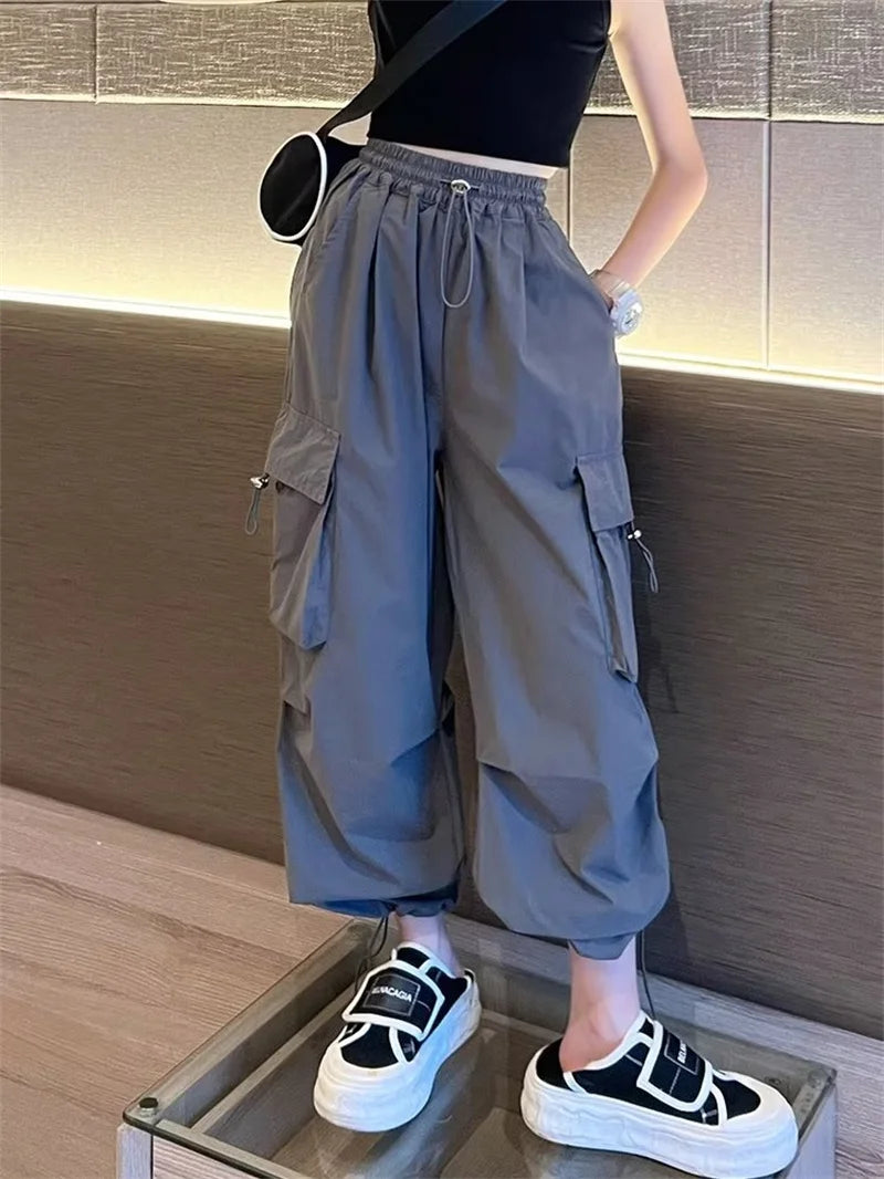 Girls' High Waist Straight Trousers Kids Fashion Hip Hop Joggers Cargo Pants Children Cool Spring Autumn Drawstring Sweatpants