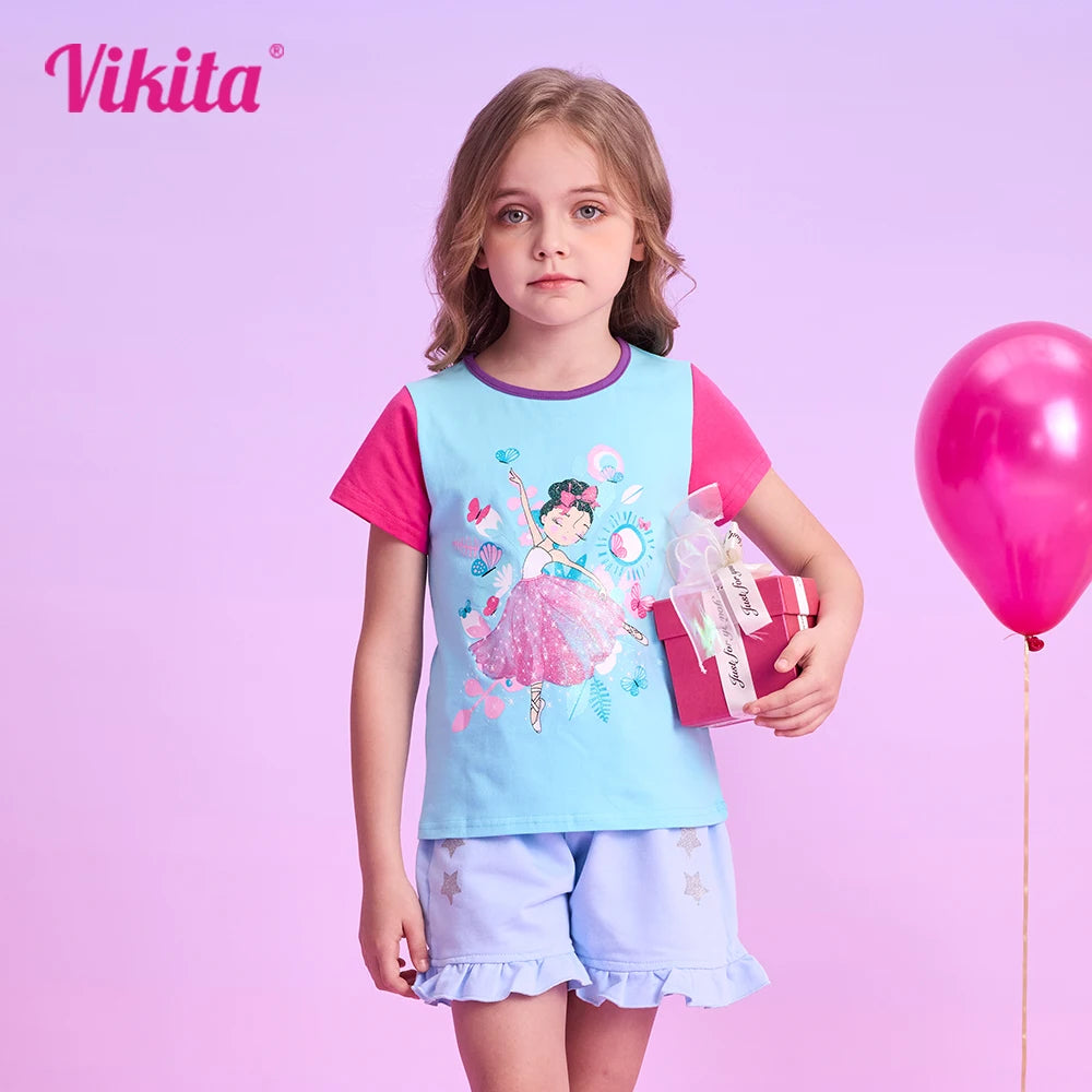 VIKITA Girls Doll Print Cartoon T Shirt Kids O Neck Cotton School Daily Tops and Tees Casual Wear Kids Summer Short Sleeve Tees