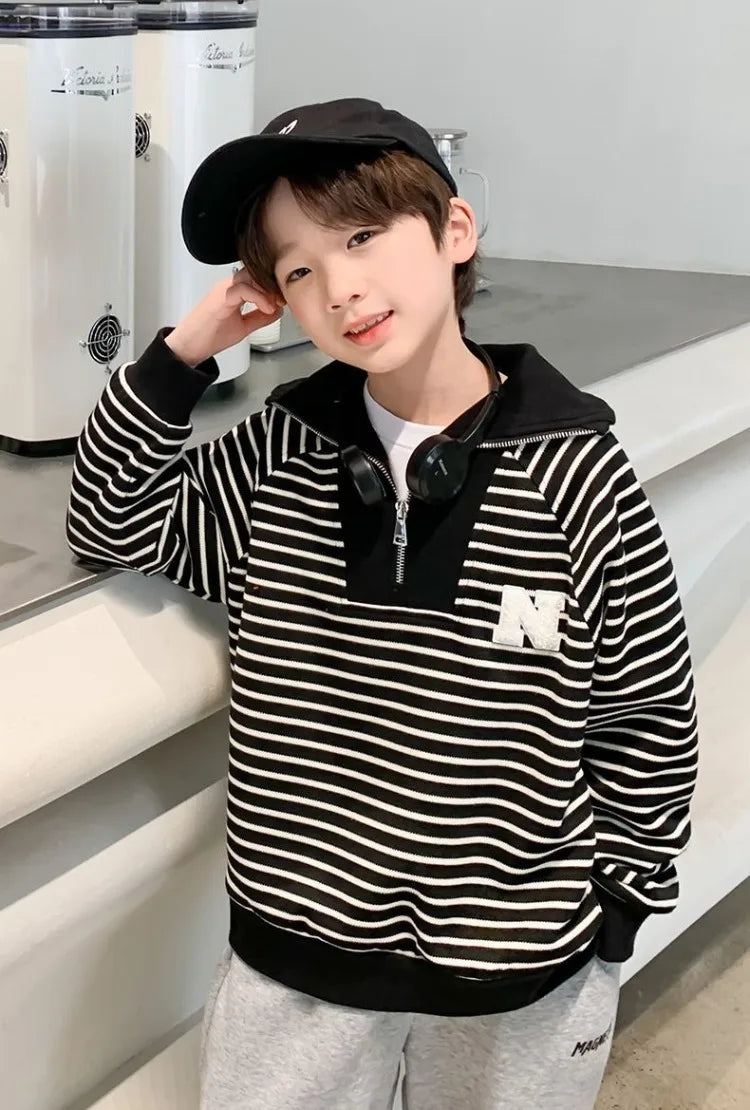 Boys' Medium-Large 2025 Spring/Autumn Korean Style Large Collar Black & White Striped No Hood Sweatshirt