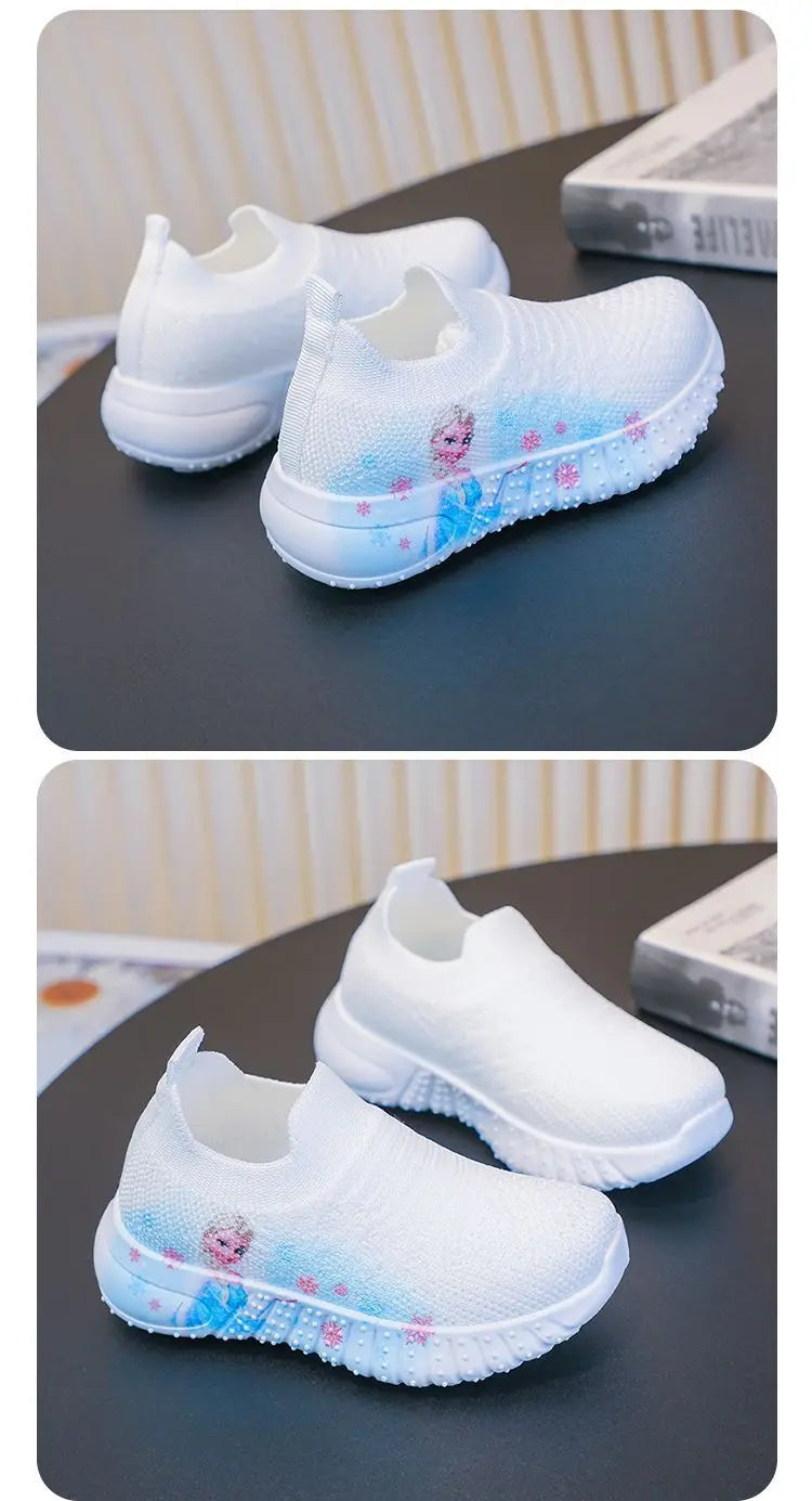 Disney Solid White Fashion Knitting Frozen Princess Elsa Children Casual Shoes Kids' Light Breathable Stretch Socks Sneakers Siz